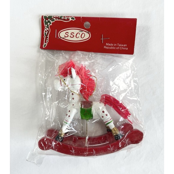 New Vintage 1980's SSCO Wood Rocking Horse Christmas Tree Ornament White & Red - Picture 2 of 5
